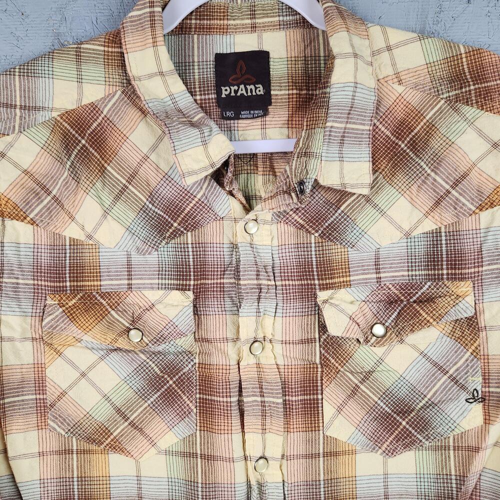 Prana Shirt Mens Large Plaid Organic Cotton Western Pearl Snap Camp Hiking Logo
